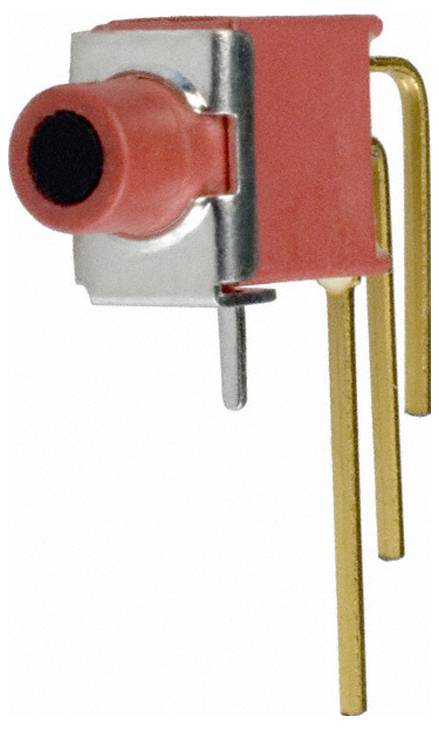 Ein roter, metallischer taktiler Druckschalter mit langen vergoldeten Anschlussdrähten.