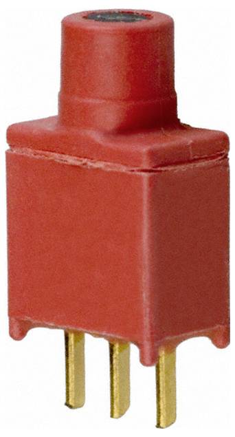 Ein roter Elektrostecker mit drei goldfarbenen Stiften auf der Unterseite, konstruiert zur Montage auf einer Leiterplatte.