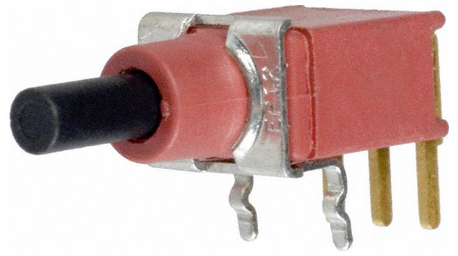 Ein rot-schwarzer Druckschalter mit Metall- und goldfarbenen Anschlüssen, der in elektronischen Schaltkreisen verwendet wird.