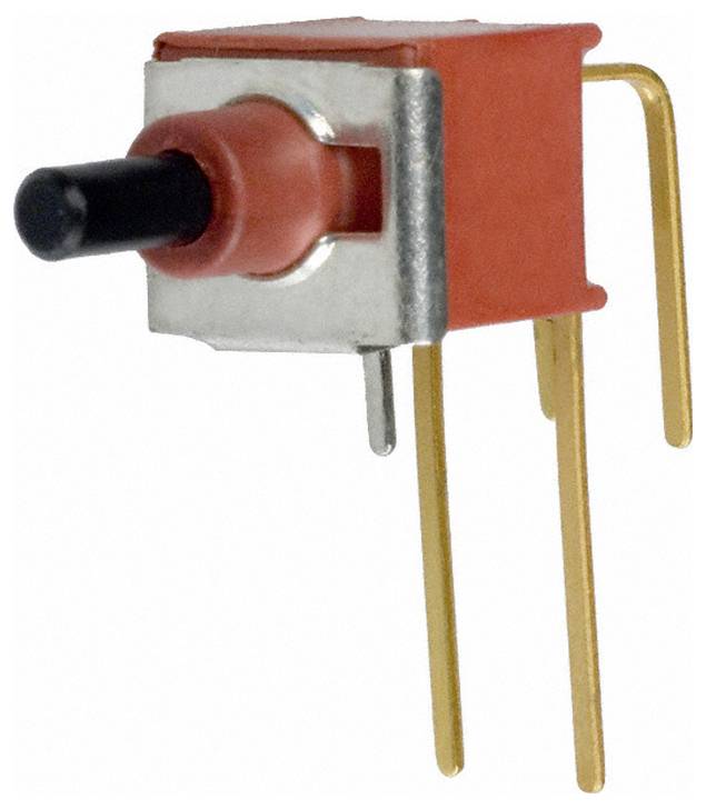 Ein roter Druckschalter mit schwarzer Spitze und vier goldenen Stiften, entwickelt für elektronische Schaltungsanwendungen.