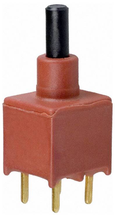 Ein roter Druckschalter mit schwarzem Knopf und drei goldenen Stiften.