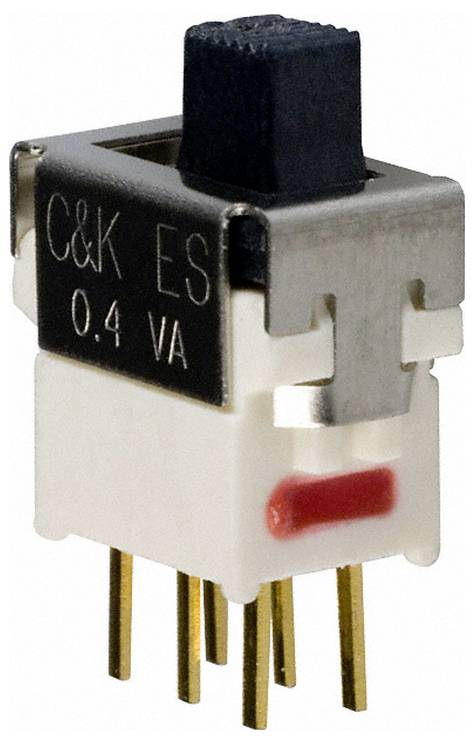 Eine Nahaufnahme eines kleinen elektronischen Schalters mit schwarzer Knopfoberseite, beschriftet mit „C&K ES 0,4 VA