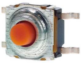 Ein kleiner, runder, roter Druckknopfschalter mit Metallgehäuse und Seitensteckern, der in elektronischen Geräten für manuelle Eingaben verwendet wird.