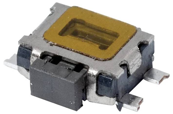 Ein rechteckiger taktiler Druckknopfschalter mit vier Metallstiften zur Montage in elektronischen Schaltungen.