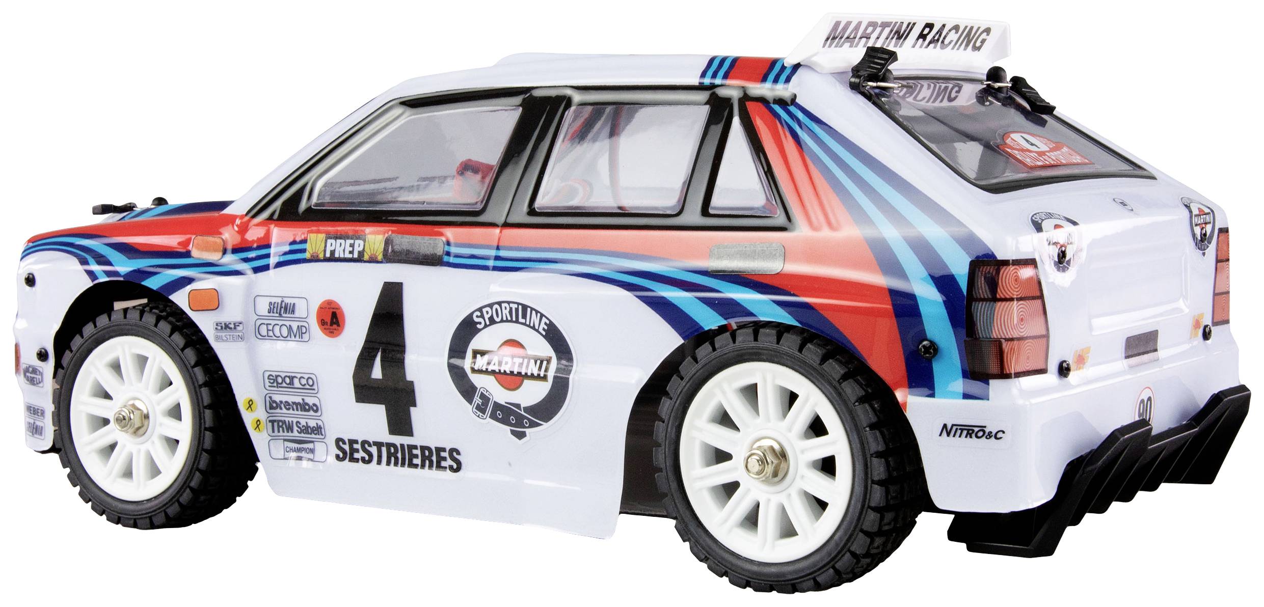 Ein weißes Spielzeugauto mit der Nummer 4, Rennstreifen in Blau und Rot, und dem Schriftzug 'Martini Racing'. Rallye-Design.