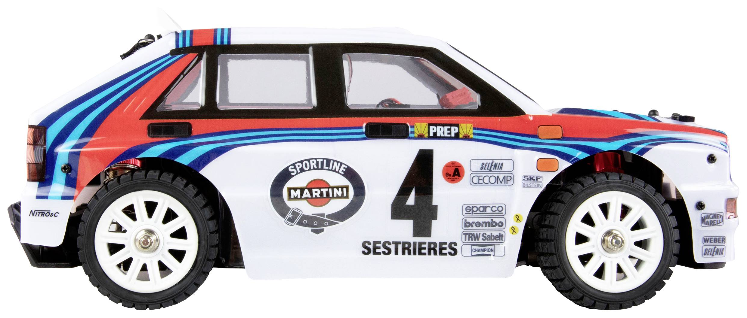 Kleines Modellauto im Rallye-Look mit weißen Felgen, lebhaftem Streifenmuster und der Zahl '4' auf der Seite.