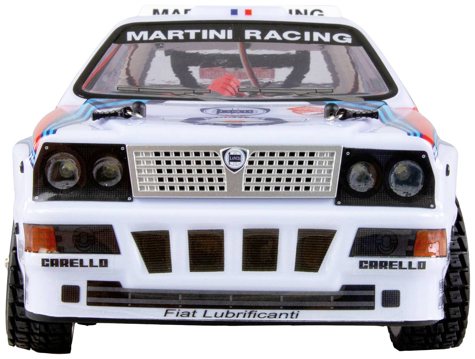 Ein Rallyeauto mit der Aufschrift 'Martini Racing' auf der Motorhaube. Es hat Markierungen 'Fiat Lubrificanti' und 'Carello' an der Stoßstange.