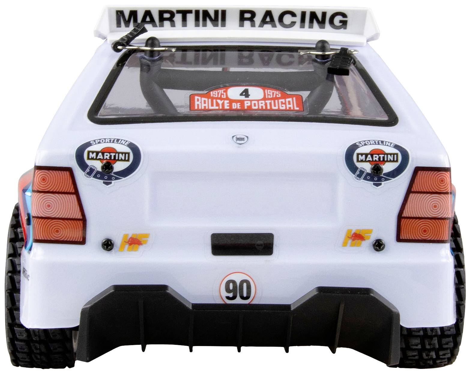 Rückansicht eines weißen Rallyewagens mit Aufschrift 'Martini Racing'. Die Heckscheibe zeigt 'Rallye de Portugal 1975'.