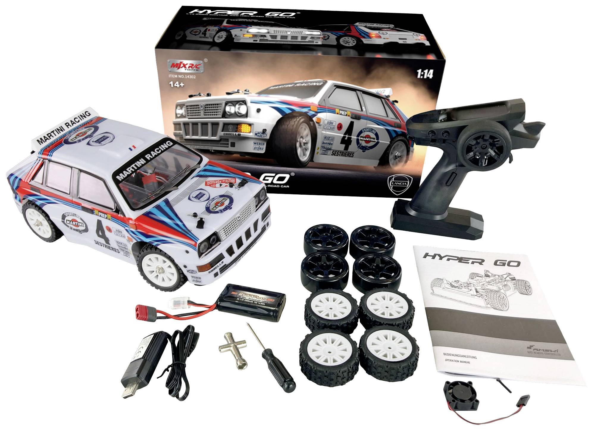 Modellauto-Set mit Auto, Fernsteuerung, Ladegerät, Batterien, Ersatzreifen und Anleitung. Auto in Rennwagen-Design. Ab 14 Jahren.