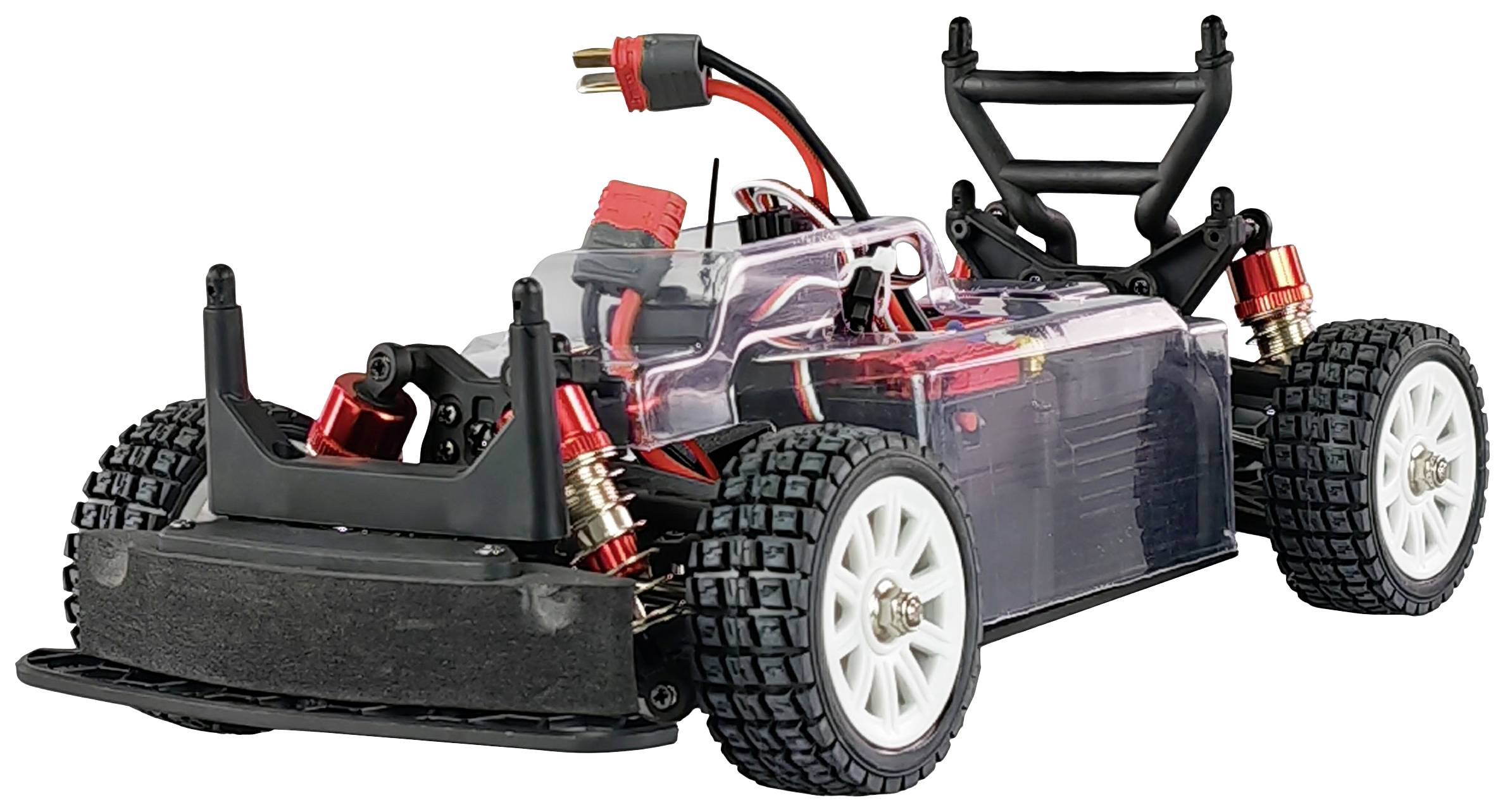 Ein ferngesteuertes Auto ohne Karosserie zeigt den Motor, die Verkabelung und die Federung. Große Reifen geeignet für Offroad-Fahrten.