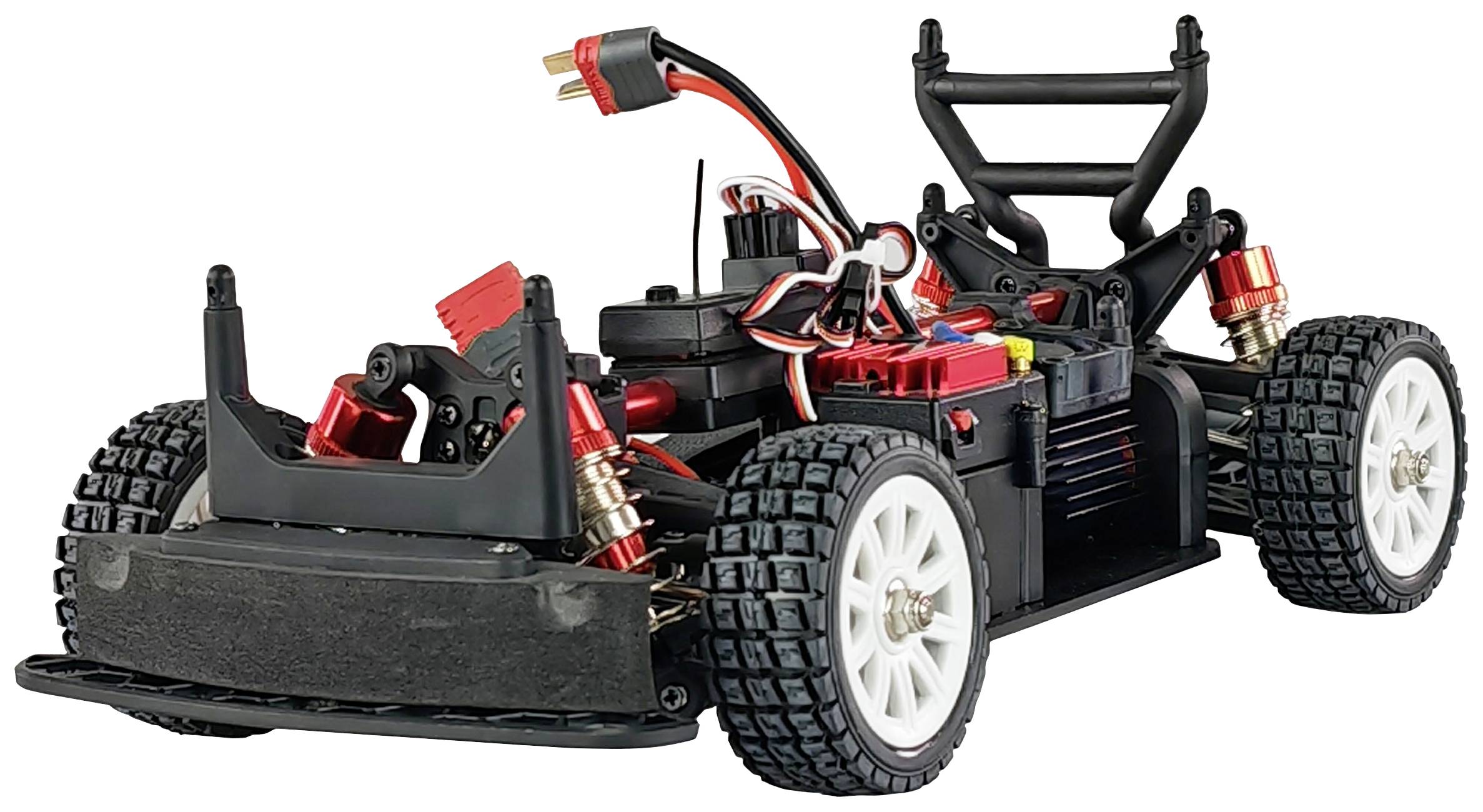 Ferngesteuertes Auto-Chassis ohne Karosserie. Sichtbare Kabel, Federung und Räder. Vorbereitet für elektronische Komponenten.