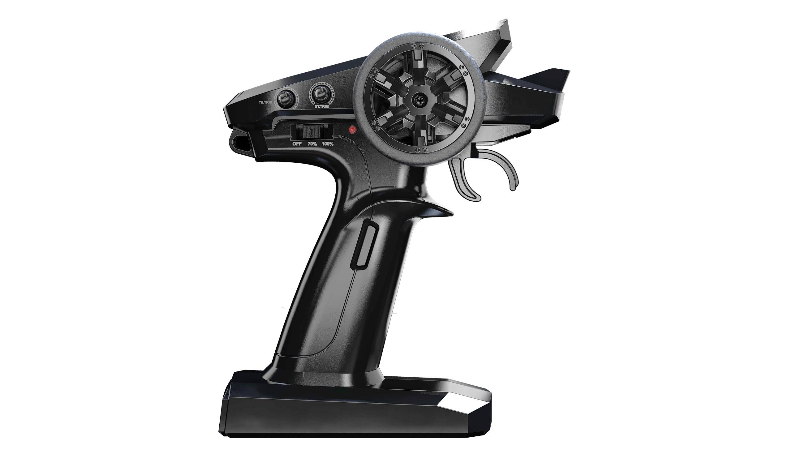 Schwarzer Funkfernbedienungsregler mit Steuerrad und Knöpfen, typischerweise für Modellautos verwendet.