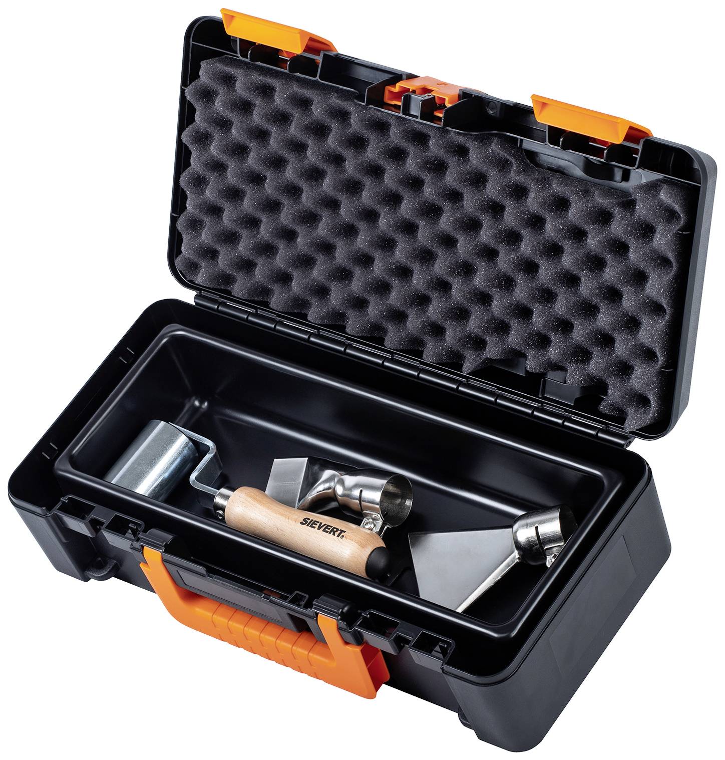 Offener schwarzer Werkzeugkasten mit orangefarbenem Griff; beinhaltet Walze, Kelle und Handgriff, auf Schaumstoffunterlage.