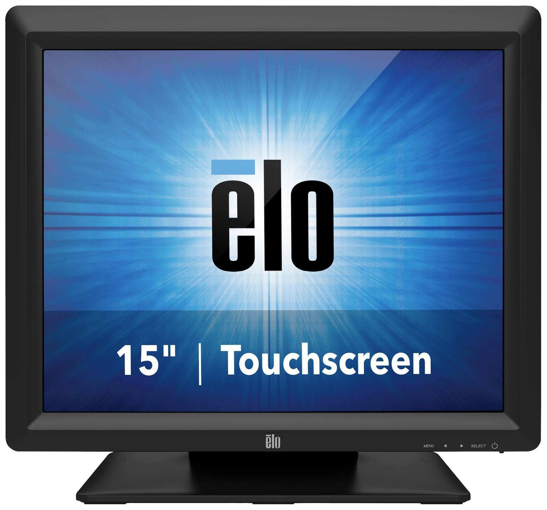 Ein schwarzer 15-Zoll-Touchscreen-Monitor mit leuchtend blauem Hintergrund und dem Schriftzug 'elo'.
