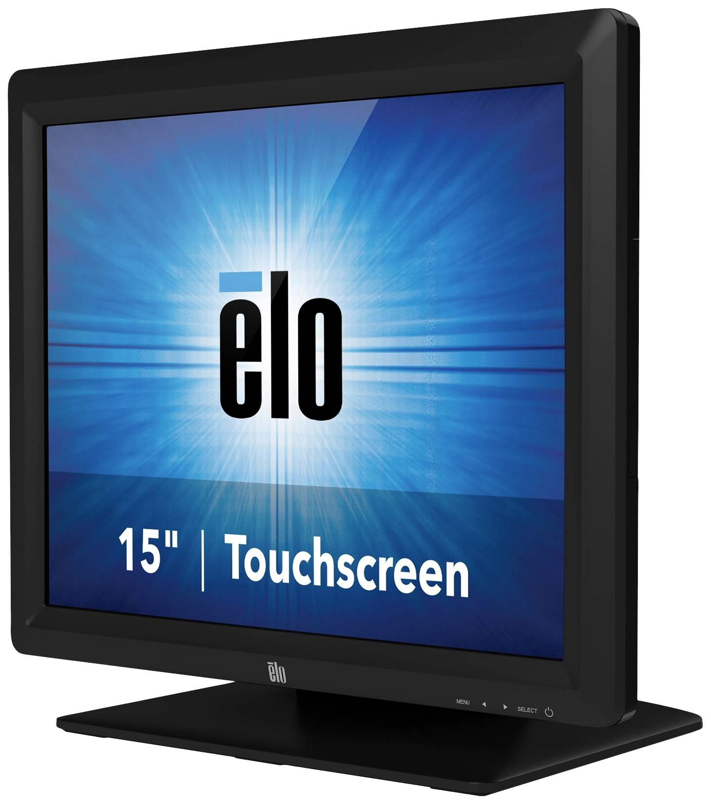 Ein schwarzer 15-Zoll-Touchscreen-Monitor mit dem Logo 'elo' auf dem Bildschirm.