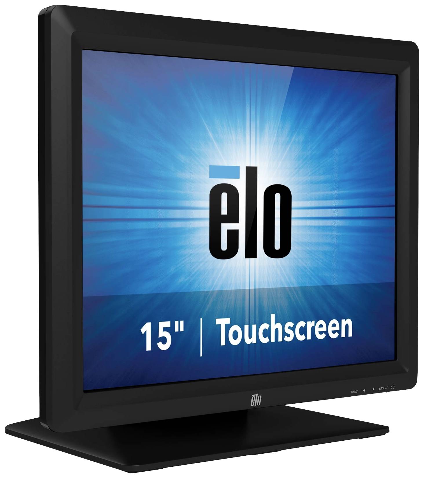 Der Monitor zeigt ein leuchtendes "elo"-Logo auf blauem Hintergrund. Darunter steht "15" | Touchscreen".