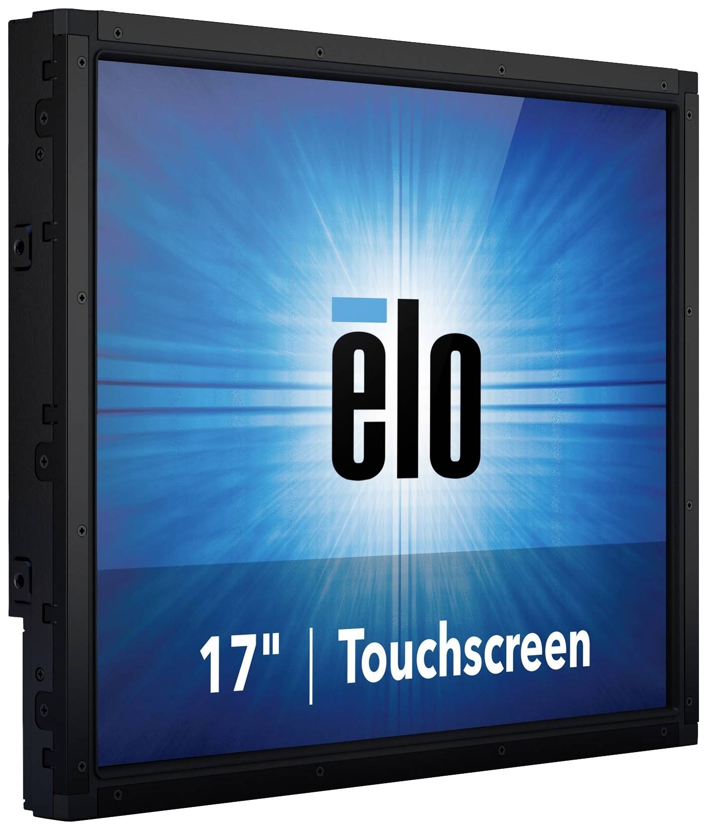 Ein 17-Zoll-Touchscreen mit leuchtend blauem Hintergrund und dem zentral platzierten 'elo'-Logo.