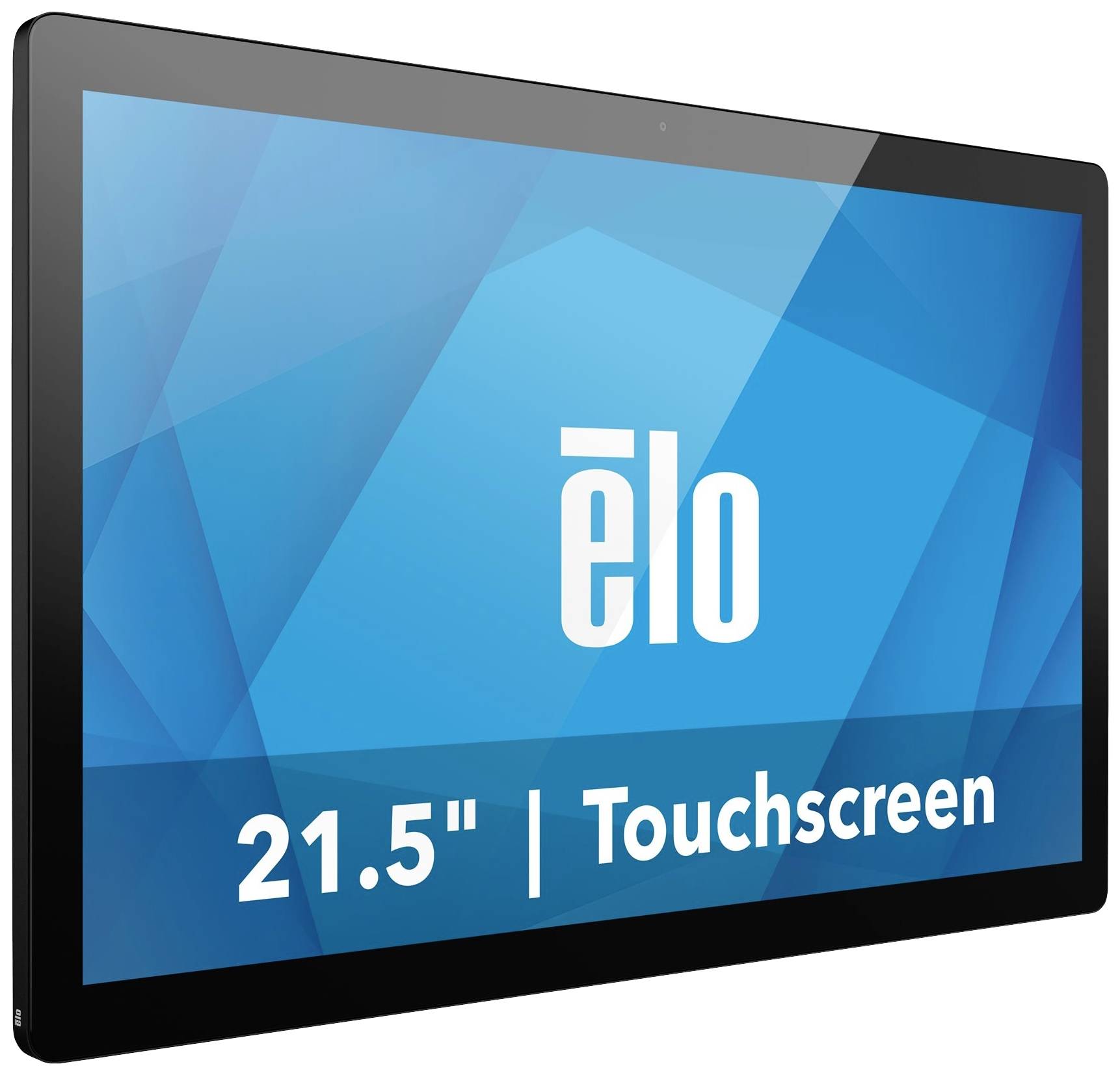 Ein 21,5-Zoll-Touchscreen von Elo mit blauem Hintergrund und weißem 'elo'-Logo.