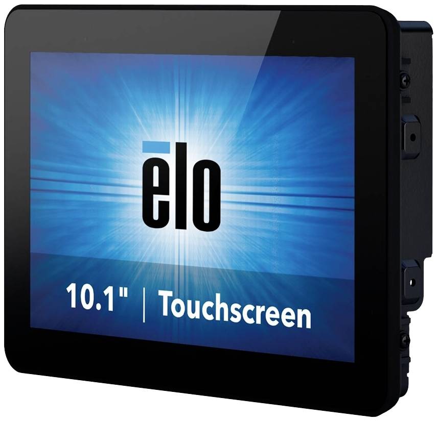 10.1 Zoll Touchscreen-Gerät von Elo mit leuchtendem blauen Hintergrund und zentralem Logo.