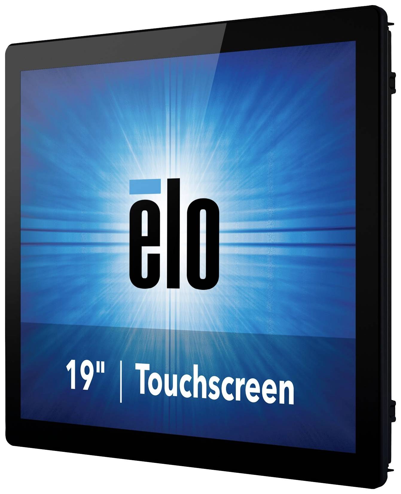 19-Zoll-Touchscreen-Monitor von Elo, zeigt ein strahlendes blaues Hintergrundbild mit dem Elo-Logo in der Mitte.