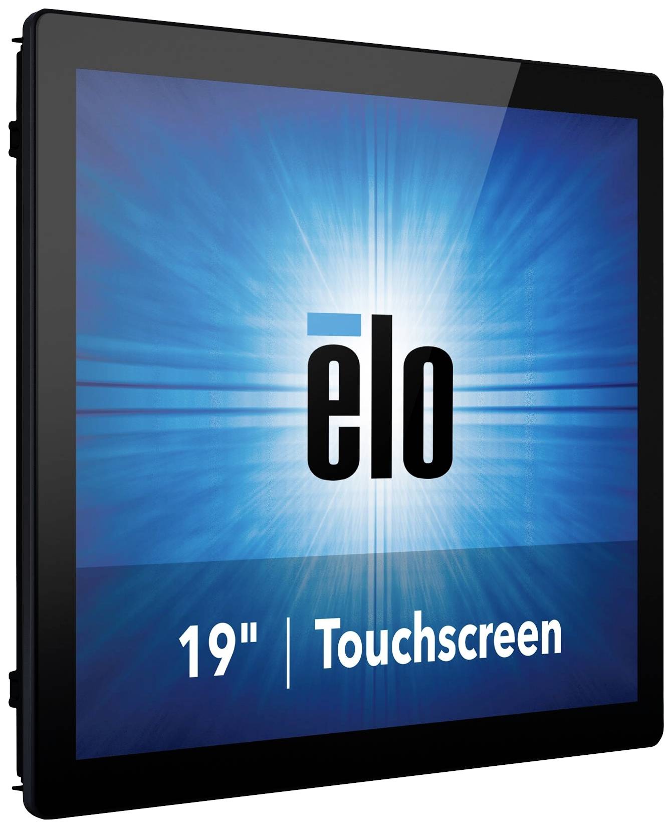 Ein 19-Zoll-Touchscreen-Monitor mit dem Logo 'Elo' auf einem blau strahlenden Hintergrund.