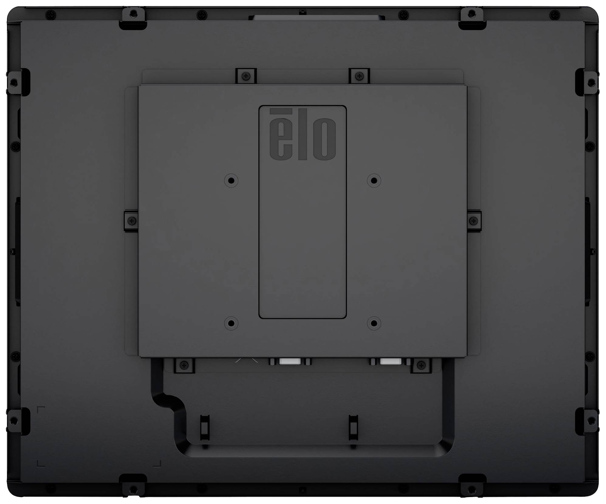 Rückseite eines Flachbildschirms mit Montagehalterung und dem Schriftzug 'elo' in der Mitte.
