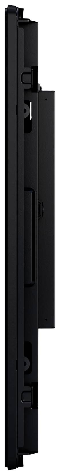Profilansicht eines schwarzen Bildschirms oder Monitors mit schmalem Rahmen und seitlich angebrachter Halterung.