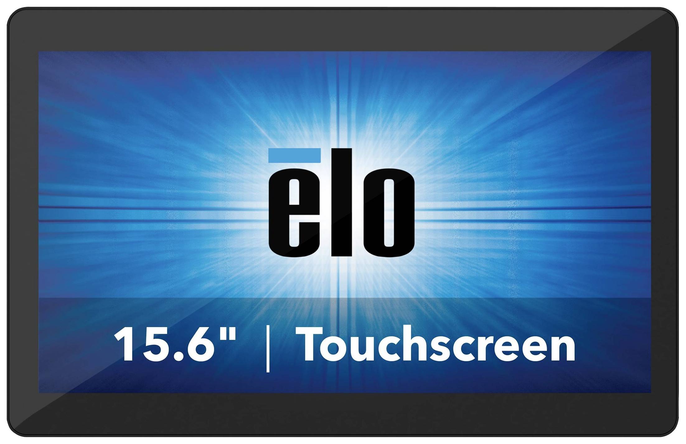 Ein Touchscreen-Monitor mit 15,6 Zoll Bildschirmgröße. Markenlogo 'ELO' prominent in der Mitte auf blauem Hintergrund dargestellt.