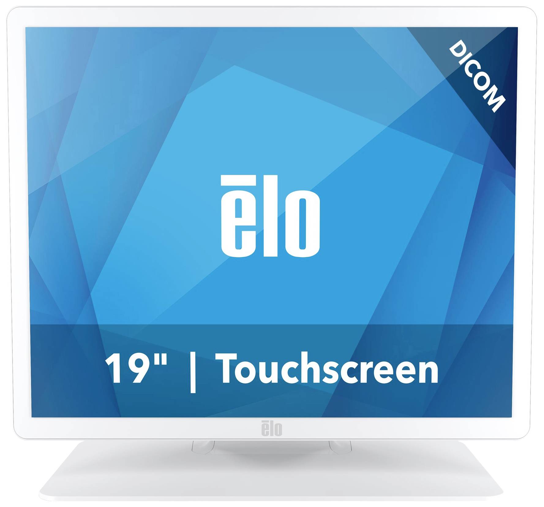 Ein 19-Zoll-Touchscreen-Monitor von Elo zeigt das Logo und den Text 'DICOM'.