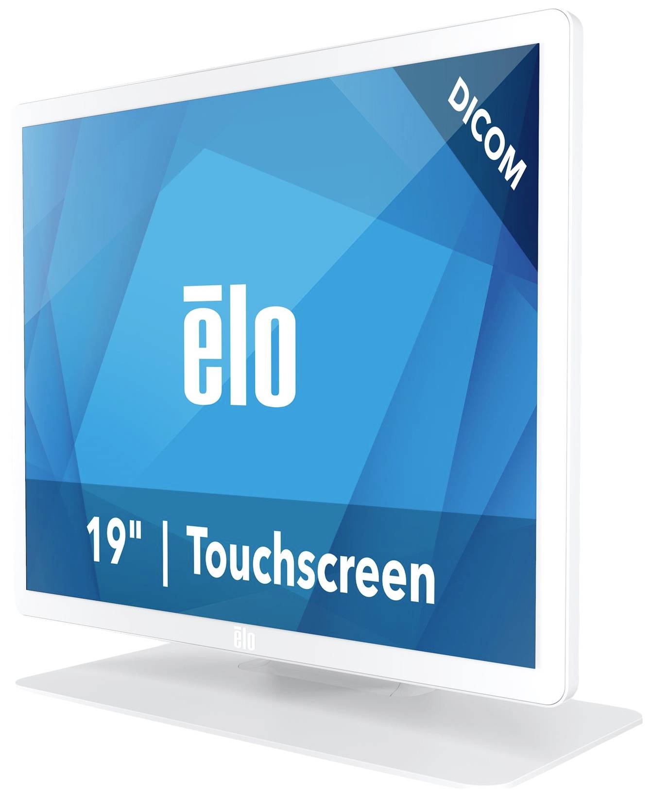 Ein 19 Zoll großer, weißer Elo Touchscreen mit blue Hintergrund und DICOM-Aufschrift in der Ecke.