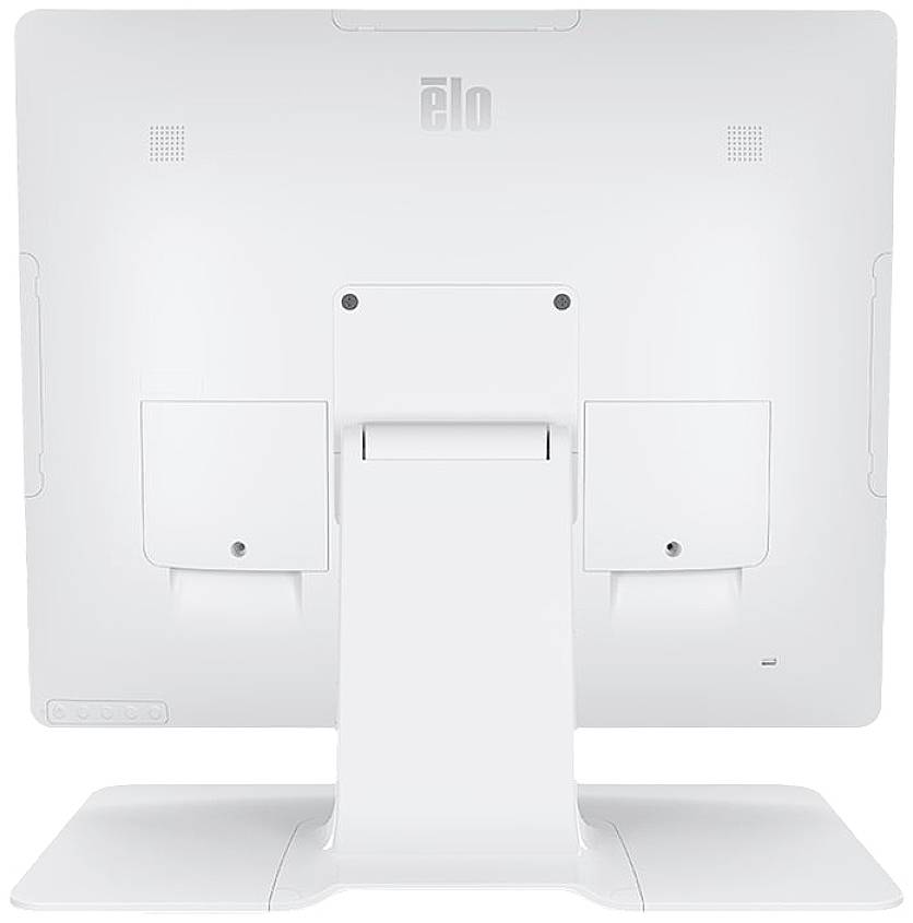 Ein weißer Computermonitor von hinten, mit einem breiten Standfuß. Auf der Rückseite sind Befestigungspunkte und Lüftungsschlitze zu sehen.
