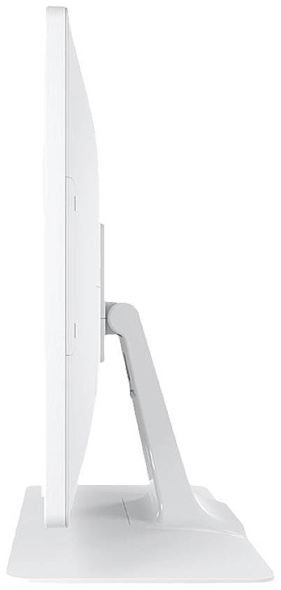 Seitenansicht eines weißen Computermonitors mit schlankem Design, stehend auf einem schmalen Standfuß.