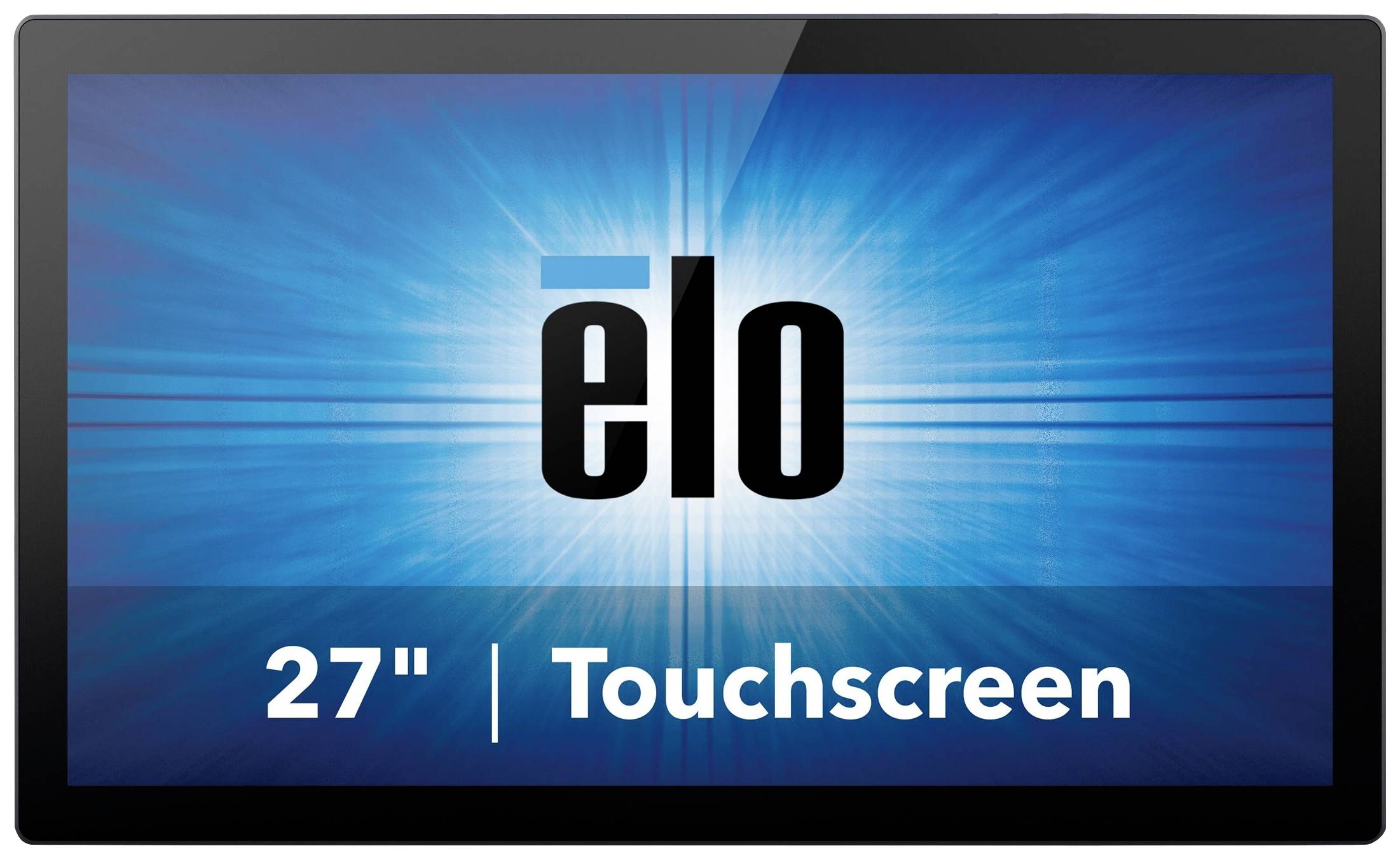 Ein 27-Zoll-Touchscreen-Monitor von Elo mit einem blauen Hintergrund und dem Wort 'elo' in der Mitte des Bildschirms.