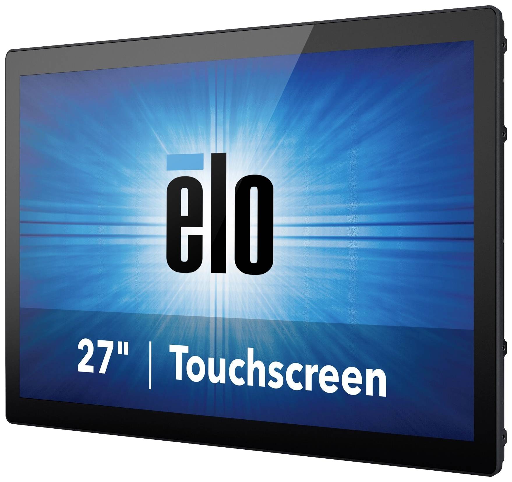 27-Zoll Touchscreen-Display mit blauem Hintergrund und 'elo'-Logo in der Mitte.