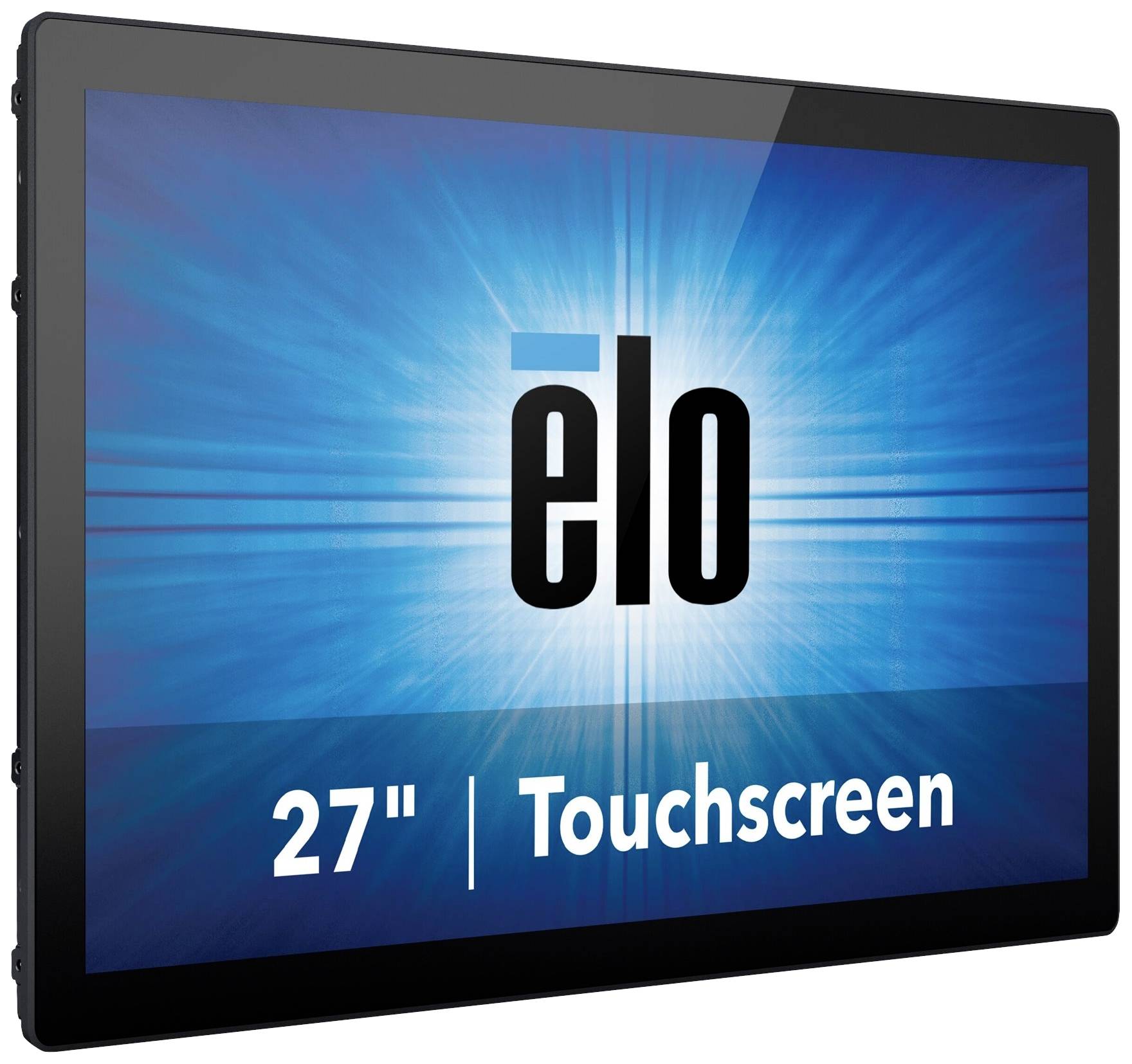 Ein 27 Zoll Touchscreen-Monitor mit dem Logo 'elo' auf einem blauen Hintergrund.