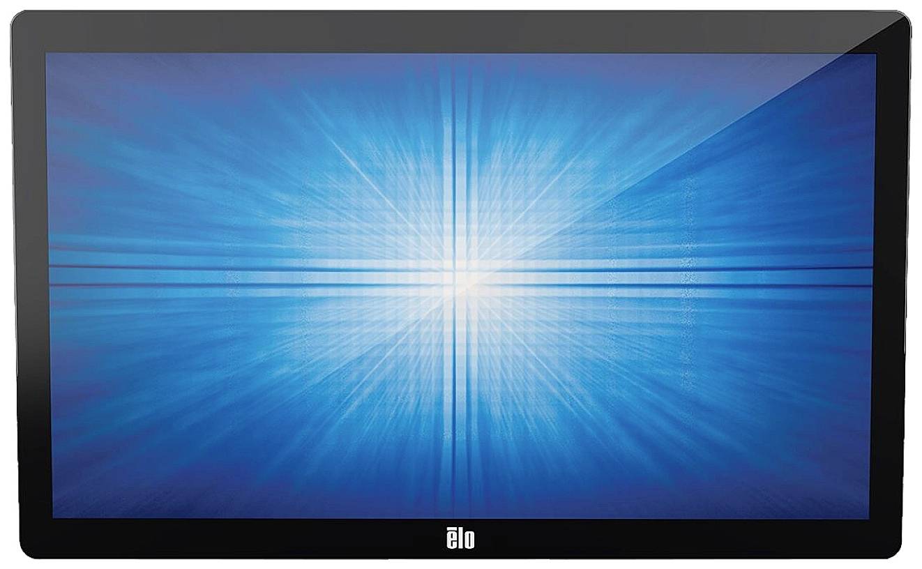 Monitor mit einem blau strahlenden Bildschirm, der das Logo 'elo' am unteren Rand zeigt.