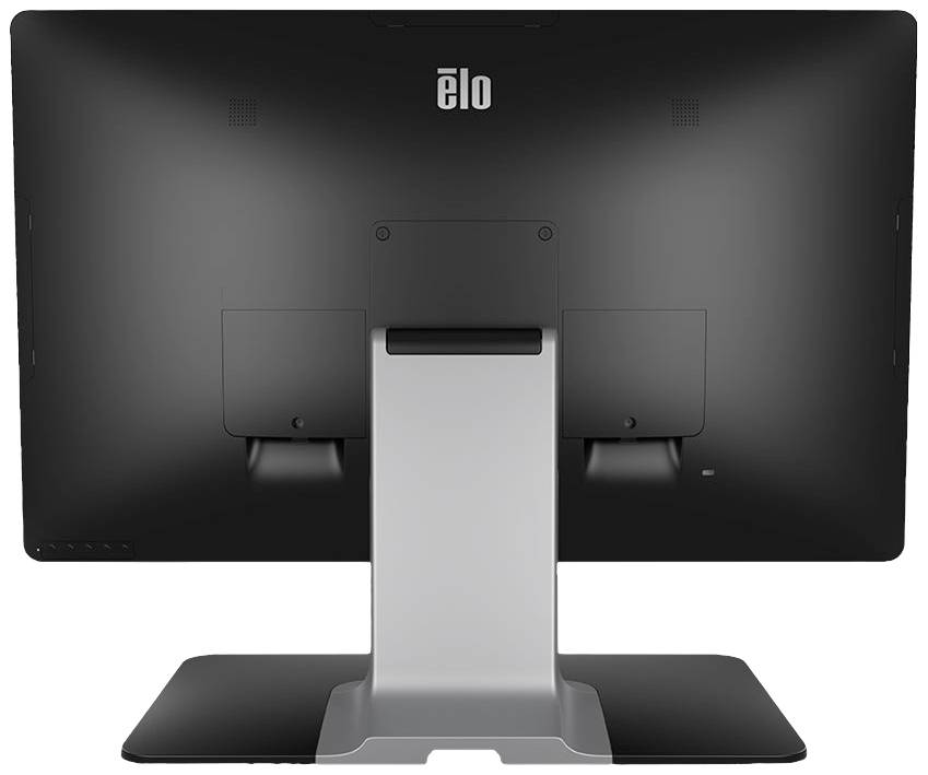 Ein schwarzer Monitor von hinten, montiert auf einem grauen Standfuß. Das Elo-Logo ist oben zu sehen.