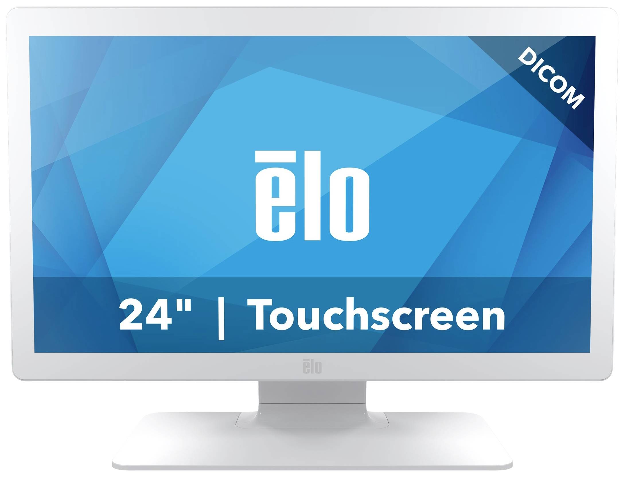 Ein weißer 24-Zoll-Touchscreen-Monitor mit der Aufschrift 'elo'. Hintergrund in Blau mit geometrischen Mustern und Schriftzug 'DICOM'.