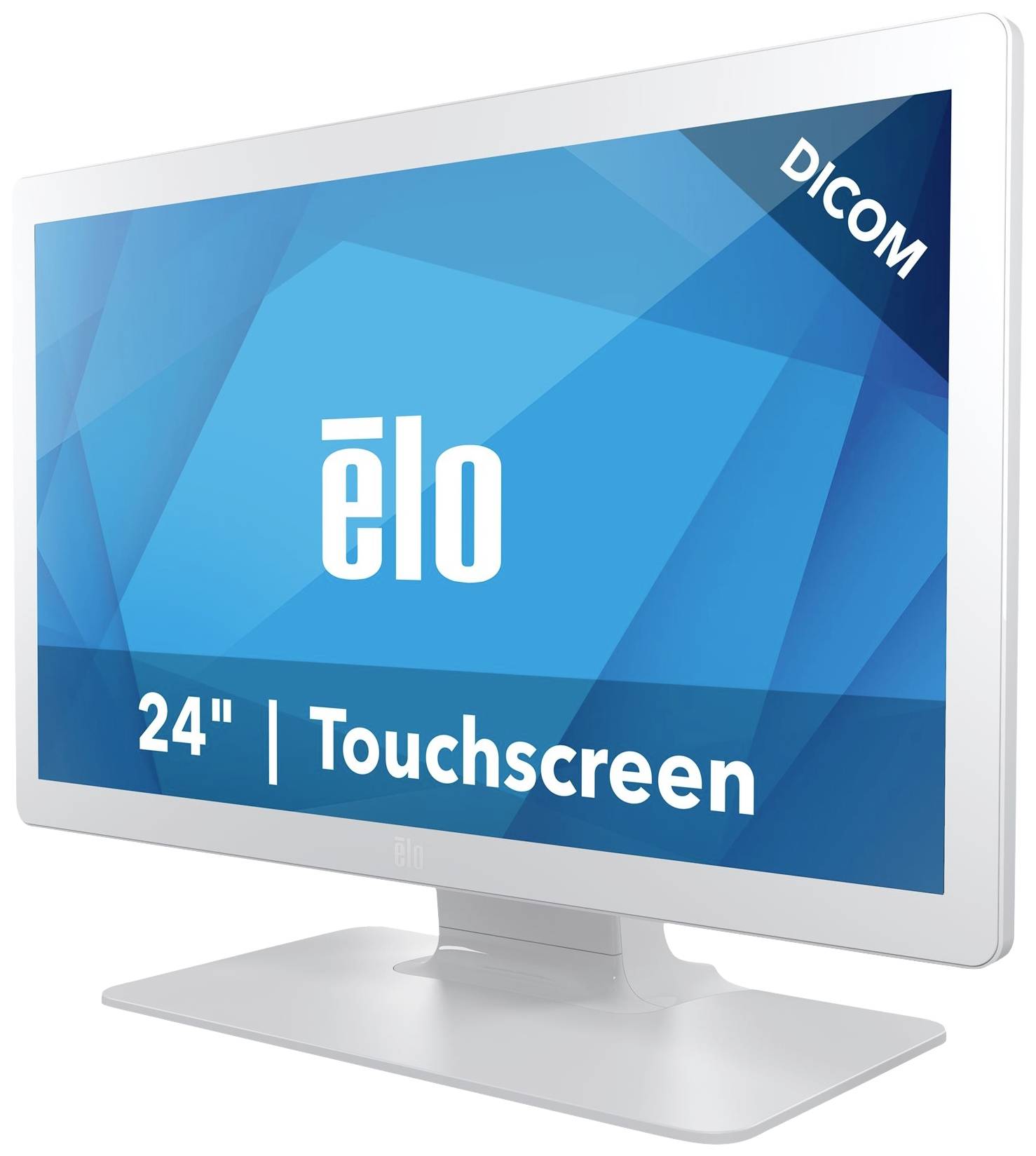 Ein 24-Zoll-Touchscreen-Monitor mit blauem Hintergrund und der Aufschrift 'elo'. Marke in der rechten oberen Ecke des Bildschirms.