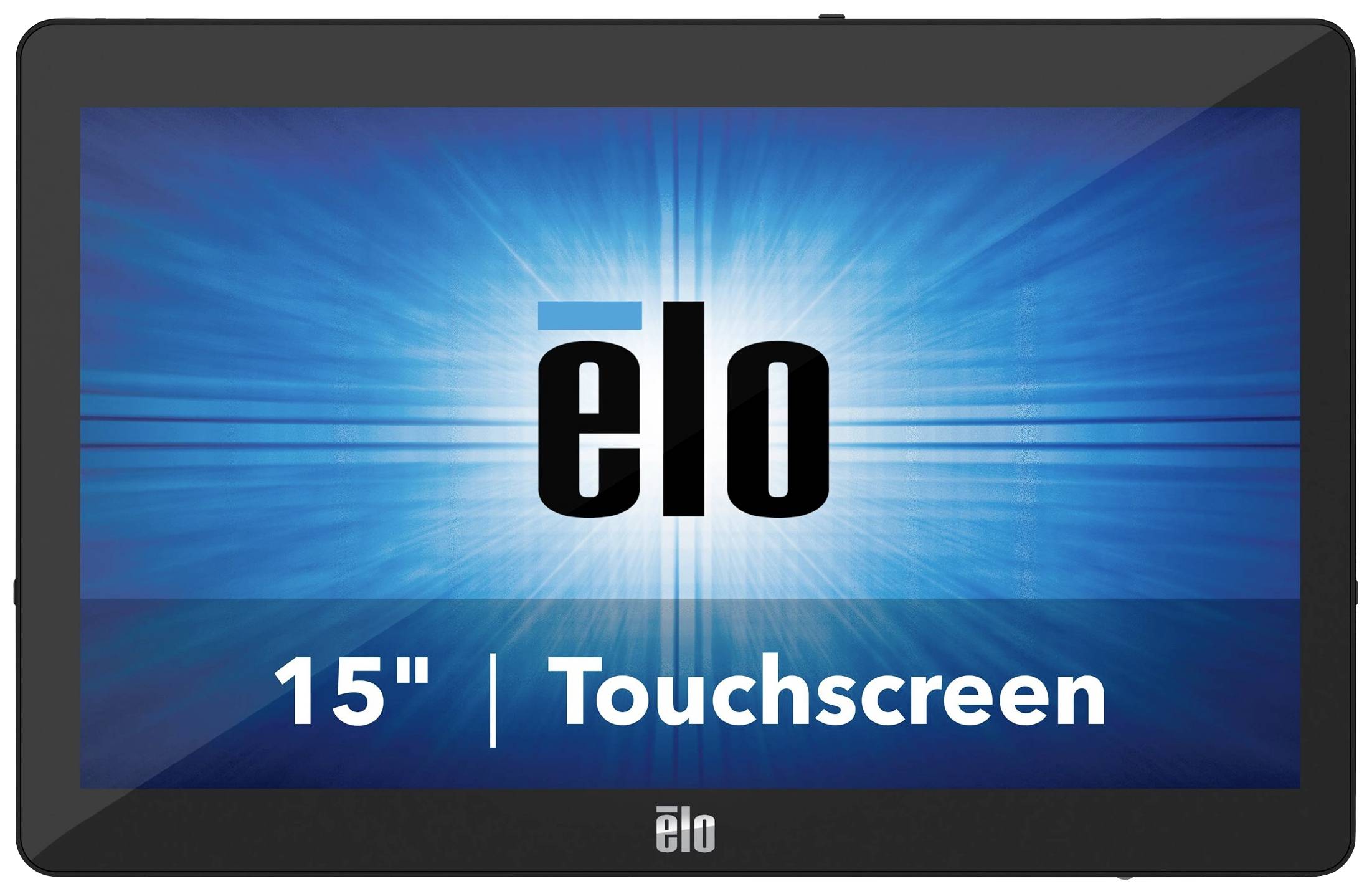 Ein 15-Zoll-Touchscreen-Monitor von Elo, mit einem strahlenden blauen Hintergrund und dem Elo-Logo in der Mitte.