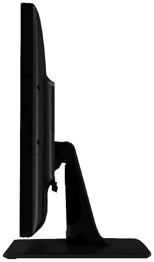 Seitliche Ansicht eines Computerbildschirms mit schlankem Design, auf einem rechteckigen Standfuß montiert.