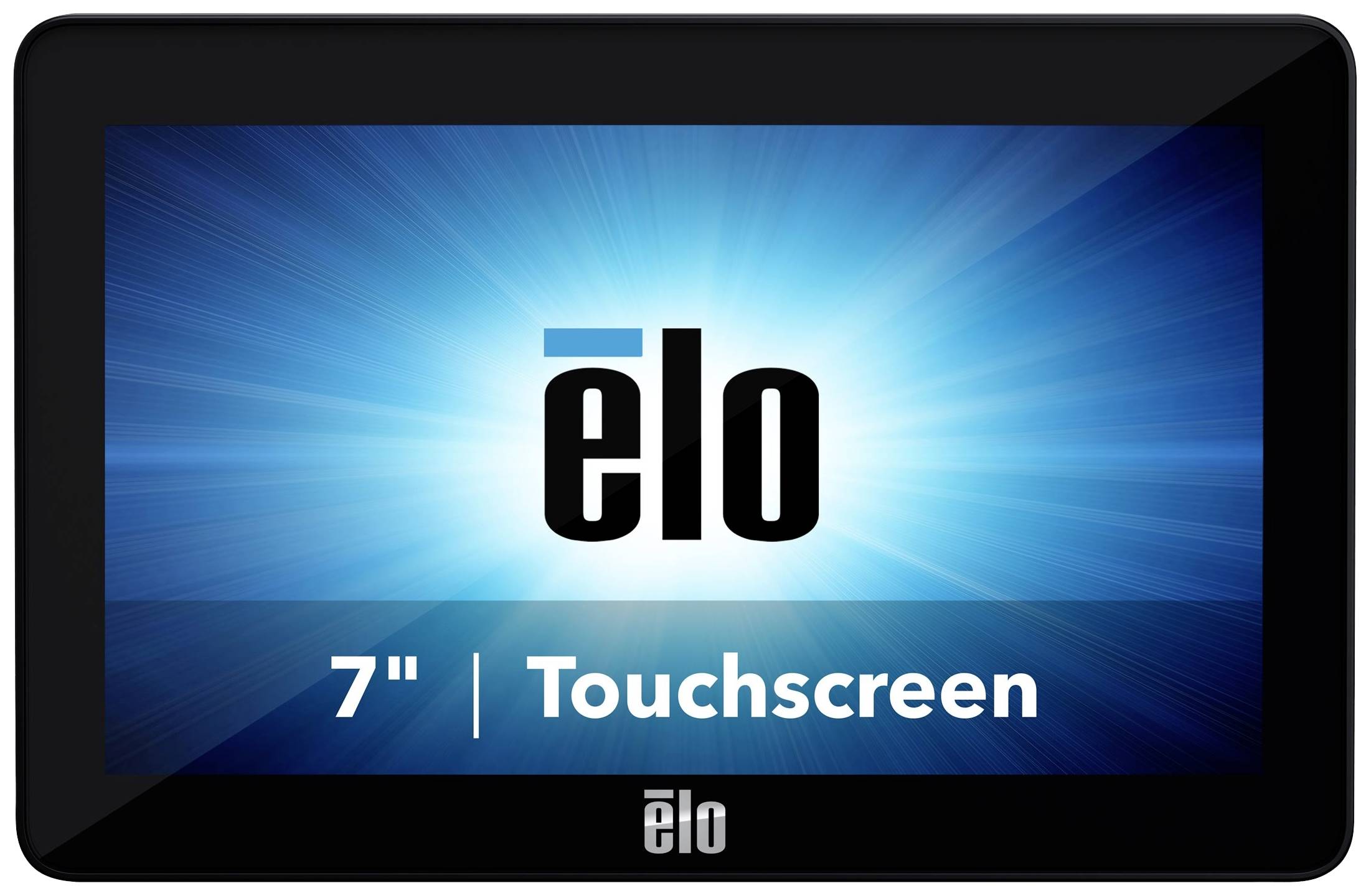Touchscreen-Monitor mit 7 Zoll Anzeige, zeigt das Logo 'elo' auf blauem Hintergrund.