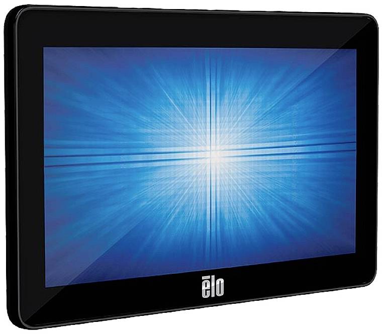 Ein schwarzer Touchscreen-Monitor mit blauem, strahlendem Lichtmuster in der Mitte.