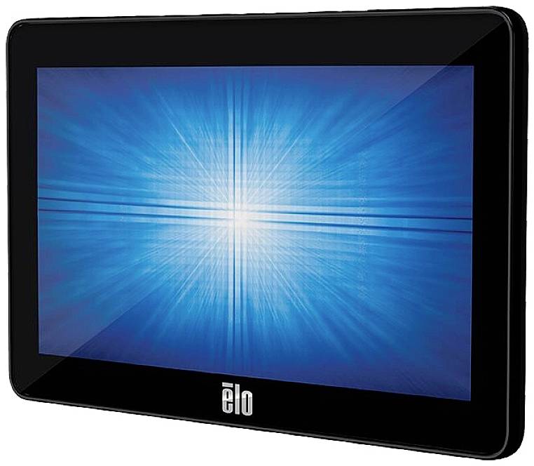 Ein schwarzer Tablet-Bildschirm mit einem blauen, strahlenden Lichtmuster in der Mitte.