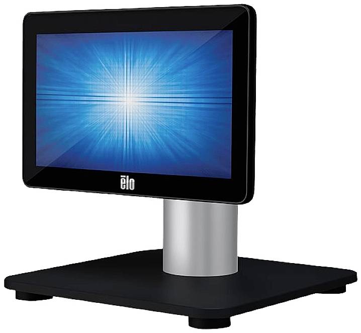 Ein schwarzer Touchscreen-Monitor mit einer blauen, strahlenden Anzeige steht auf einem stabilen, silbernen Standfuß.