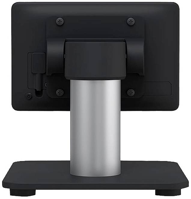 Ein Computermonitor von hinten, montiert auf einem metallischen Standfuß. Alle Kabel und Anschlüsse sind nicht sichtbar.
