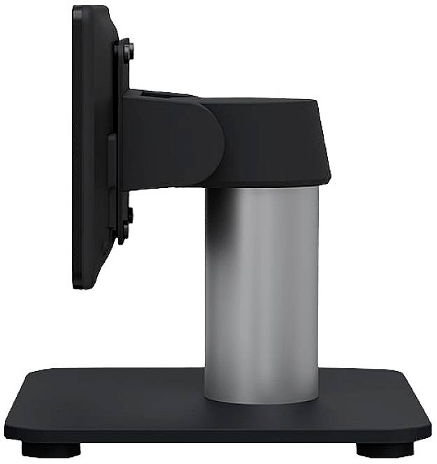Schwarzer und silberner Standfuß für einen Monitor, seitliche Ansicht. Der Standfuß zeigt ein robustes Design mit solider Basis.