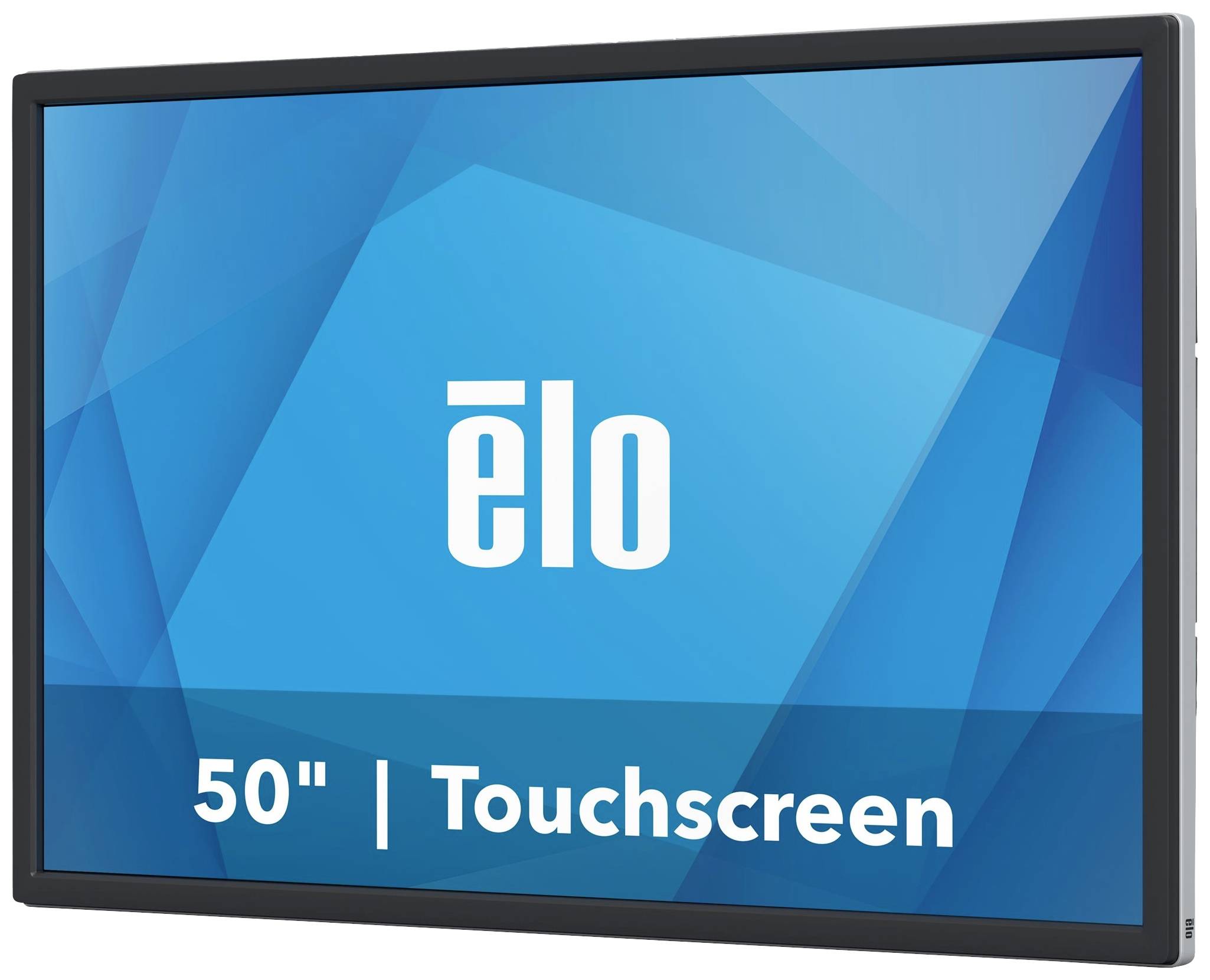 Touchscreen-Monitor von Elo mit 50-Zoll-Bildschirm, blauem Hintergrund und weißem Markenlogo.