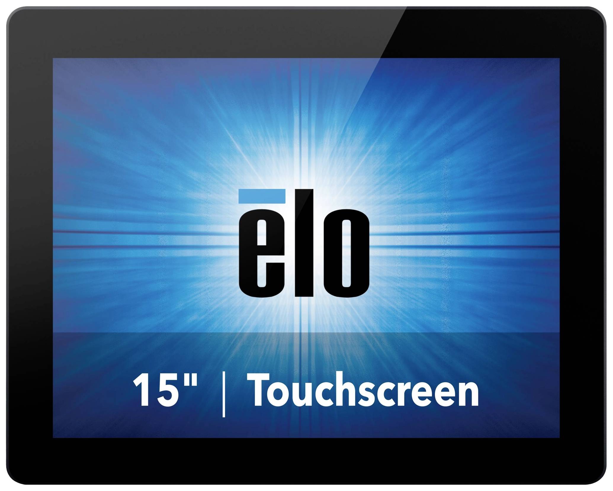 Schwarzer Touchscreen-Monitor mit dem hellblauen 'elo'-Logo in der Mitte und der Aufschrift '15