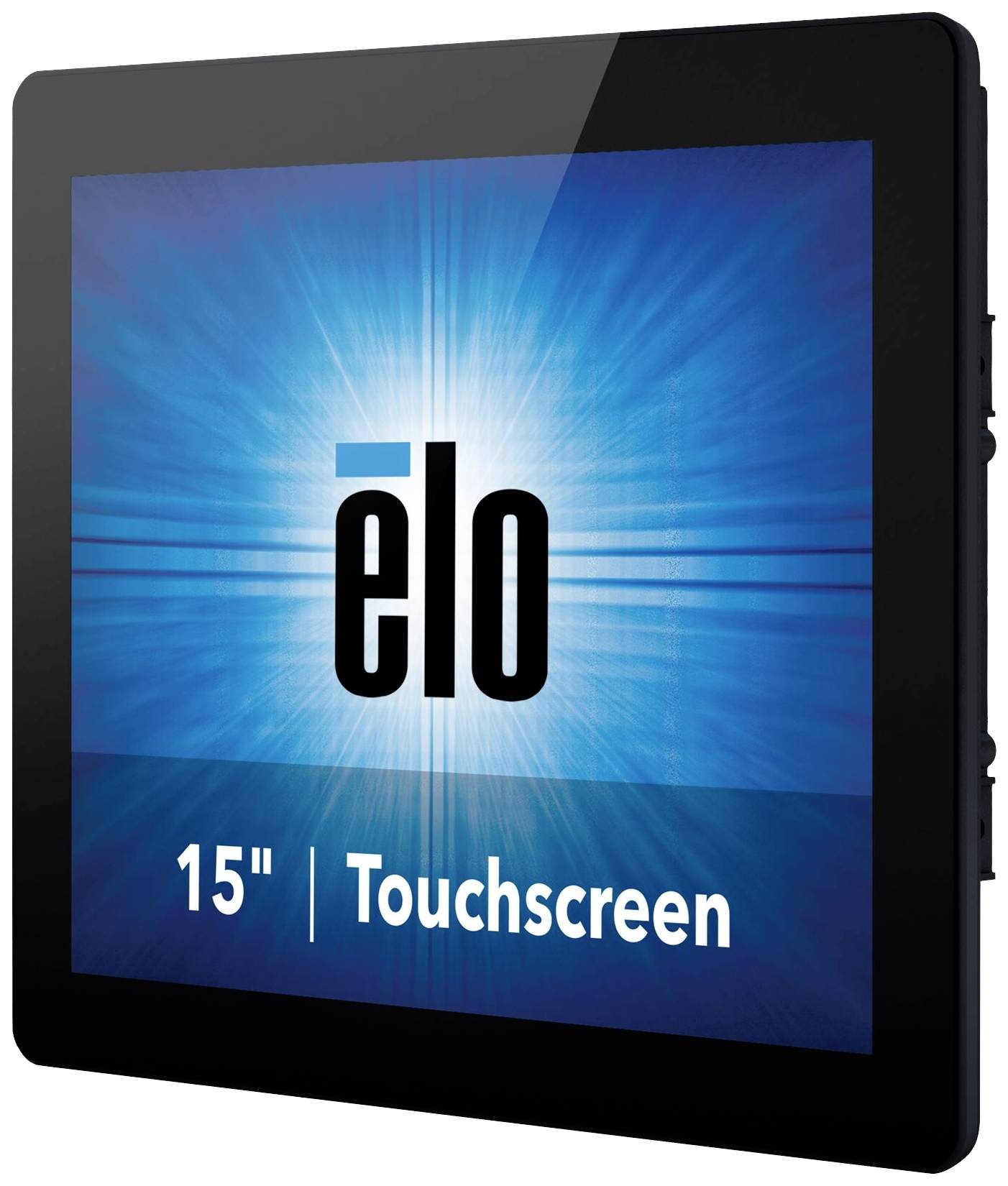 Ein 15 Zoll Touchscreen-Monitor mit dem Markennamen 'elo' auf blauem Hintergrund.